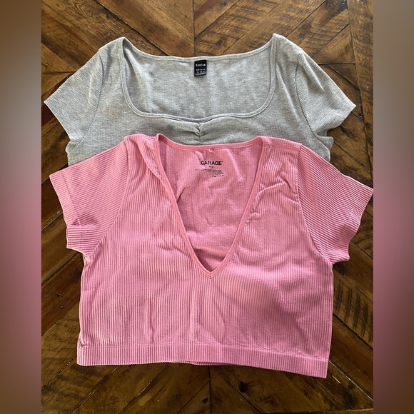 Garage Tops - Garage Pink Ribbed V-Neck Crop Top and SHEIN Grey top